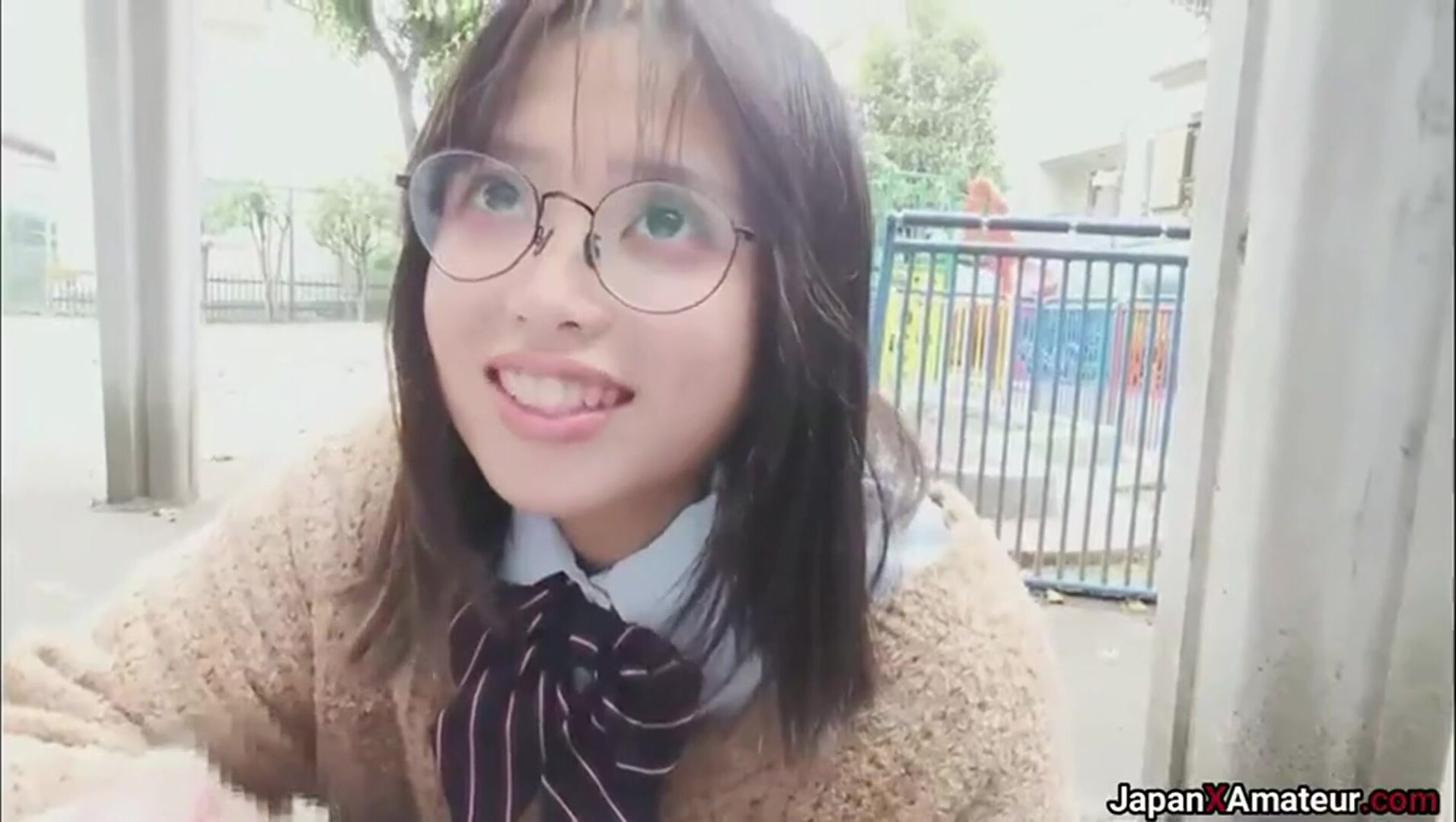 Amateur Japanese Girl With Glasses Deepthroating A Cock In A Park